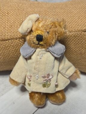 Vintage Miniature Teddy Bear In Velvet Embroidered Jacket With Velvet Bow